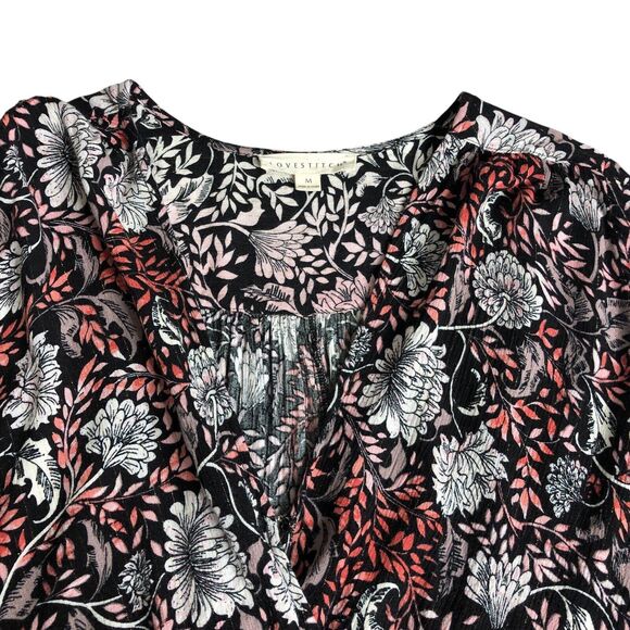 Love Stitch Top Women M Black Floral Metallic Wrap Cross Over Bell Sleeve Boho - Picture 4 of 16